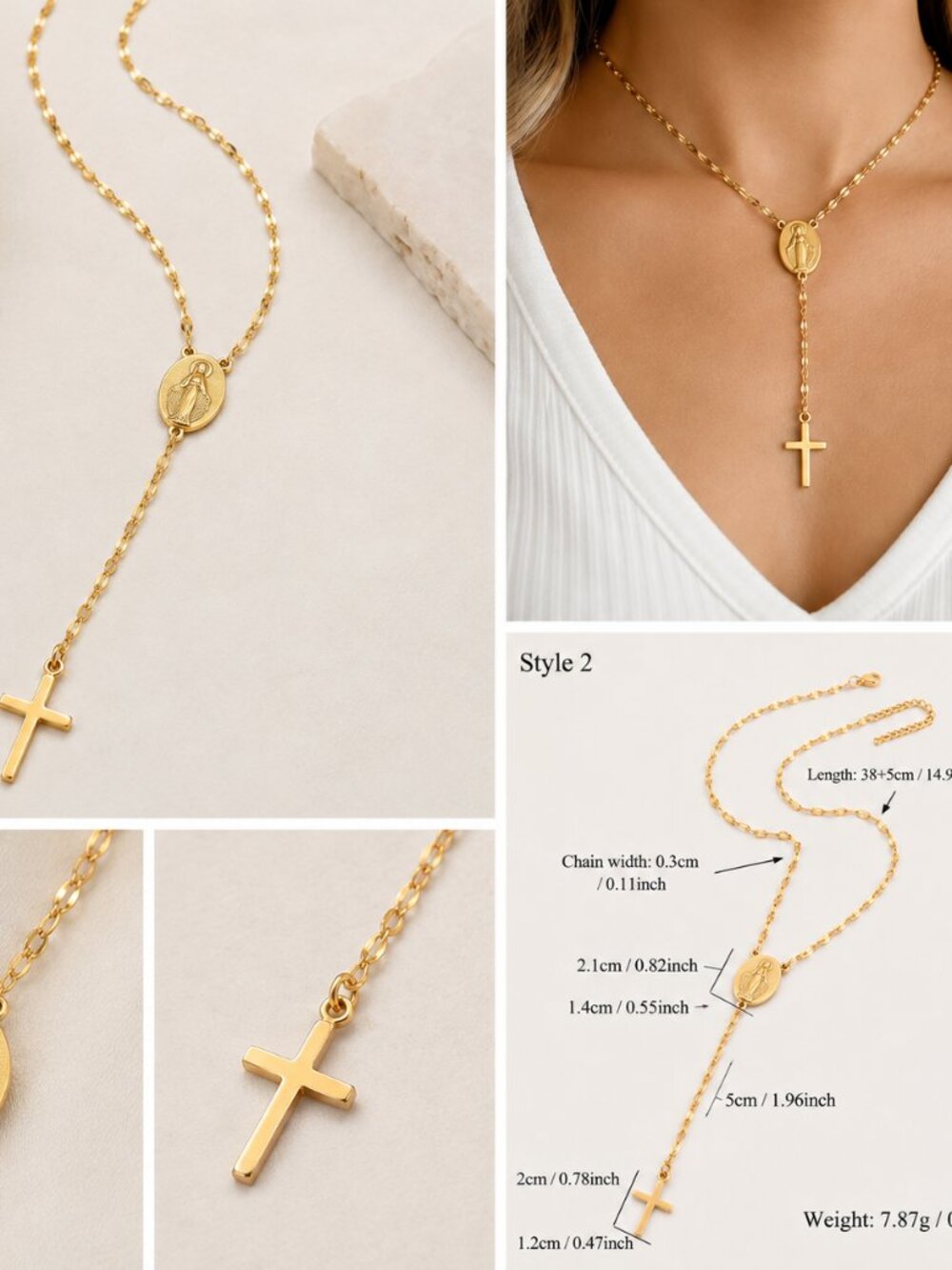 18K Gold Plated Virgin Mary Cross Lariat Necklace Waterproof Stainless Steel